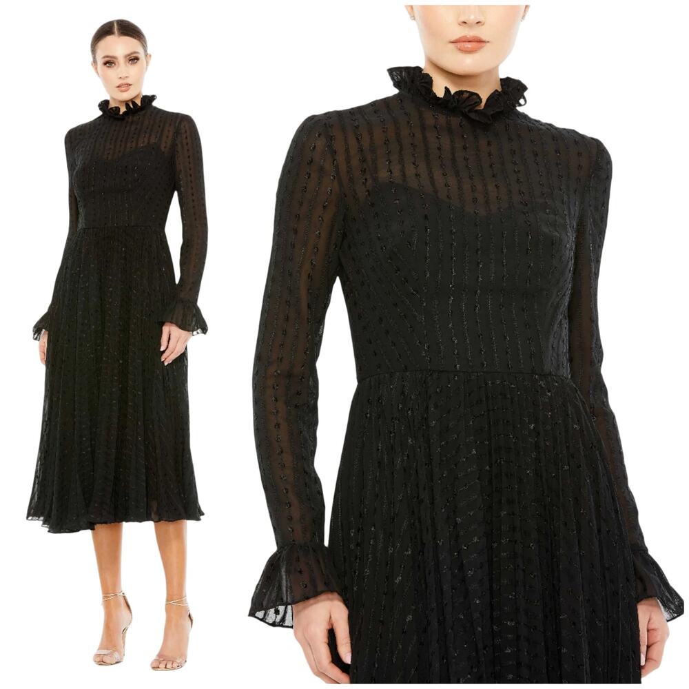 Mac Duggal NWT Black Embroidered Long Sleeve Ruffle Chiffon Dress Swiss Dot 14